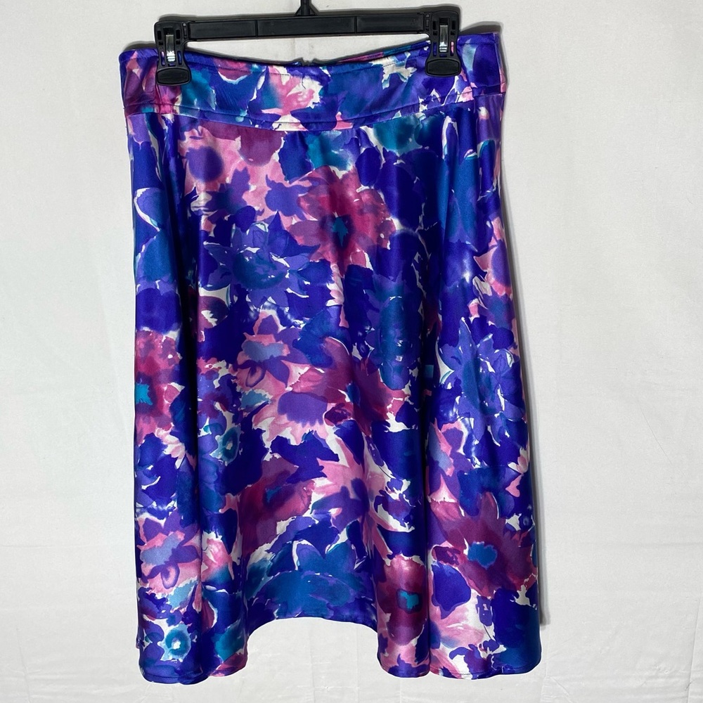 Vintage Handmade Pink Purple Floral Satin Skirt L